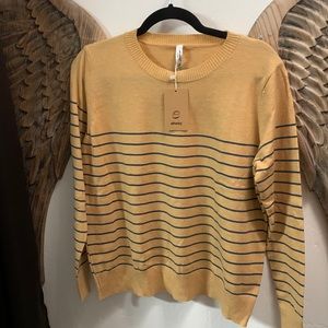 Light mustard color lightweight sweater with denim blue stripes